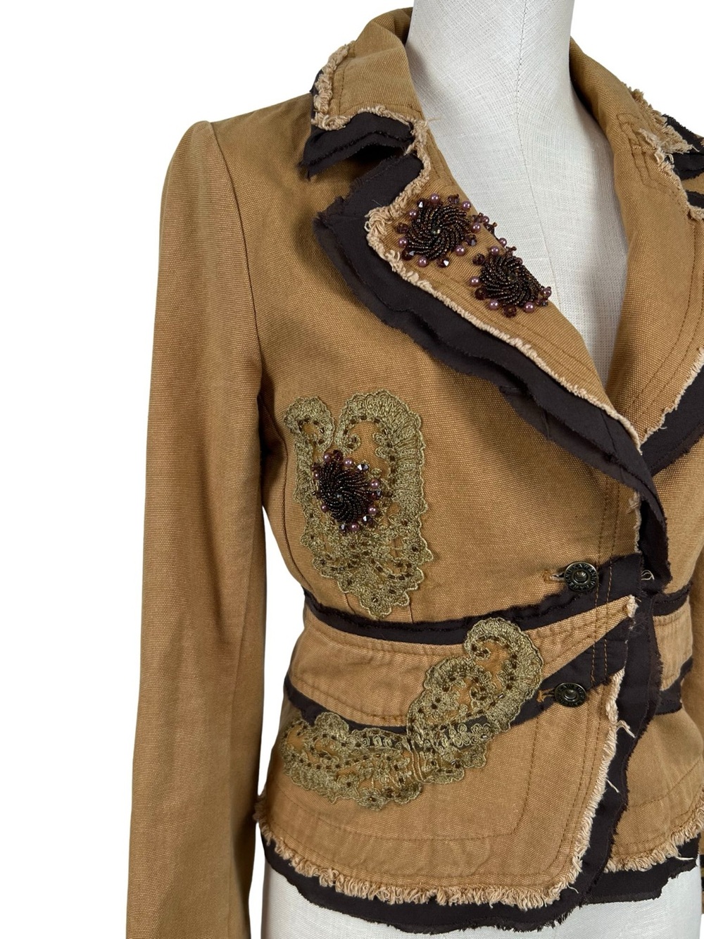 Rhapsody Y2K Beaded Lace Applique Canvas Jacket Boho Small Cotton - Picture 6 of 14